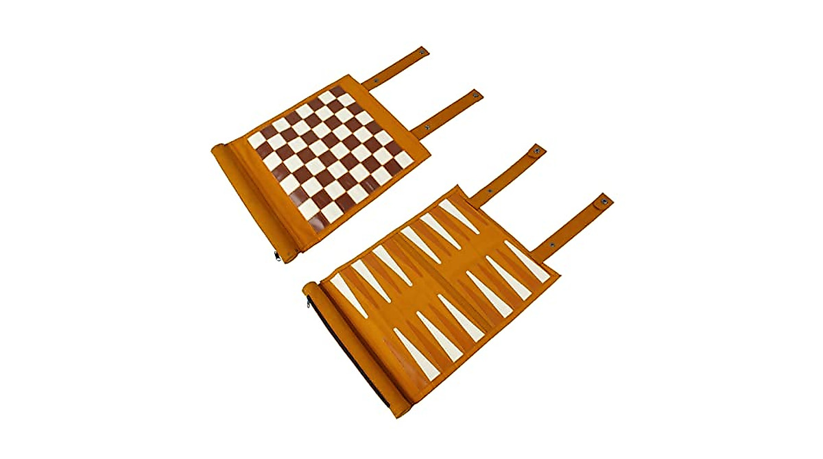 Andux Rollable 3 en 1 Jeu d'Échecs Backgammon Jeu d'Échecs Portable en Microfibre PGSLQ-01 (Marron