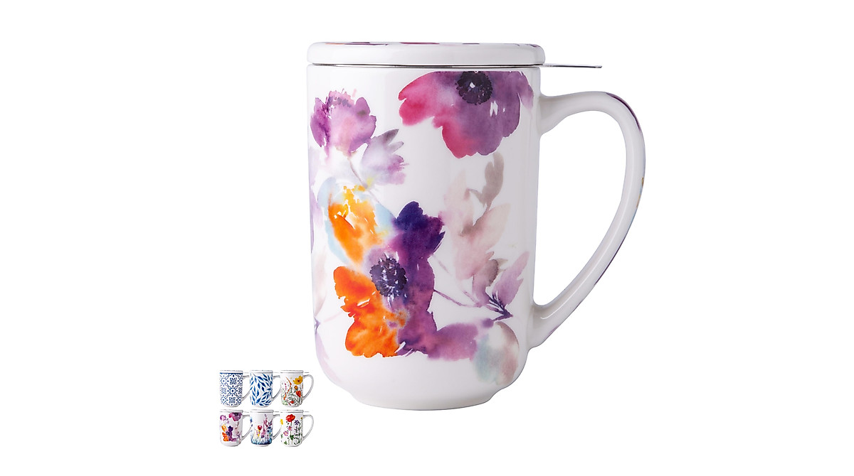 AmorArc Porcelain Tea Mug With Infuser And Lids, 18 Oz Cup Strainer Bag Holder For Loose Leaf Tea, Steeping Coffee Well-wrapped Box House-warming Wedding Birthday Gift, Anemone - View #2