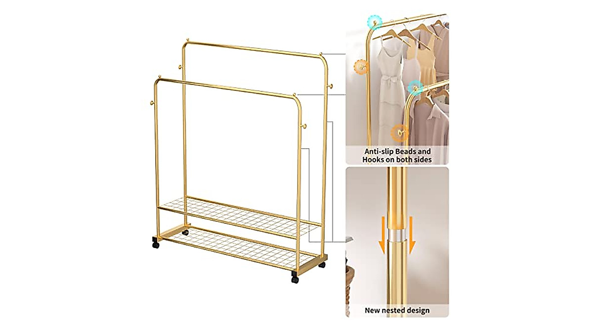 Buy Thick Forest Double Layer Clothes Rack in Gold - Mobile & Spacious