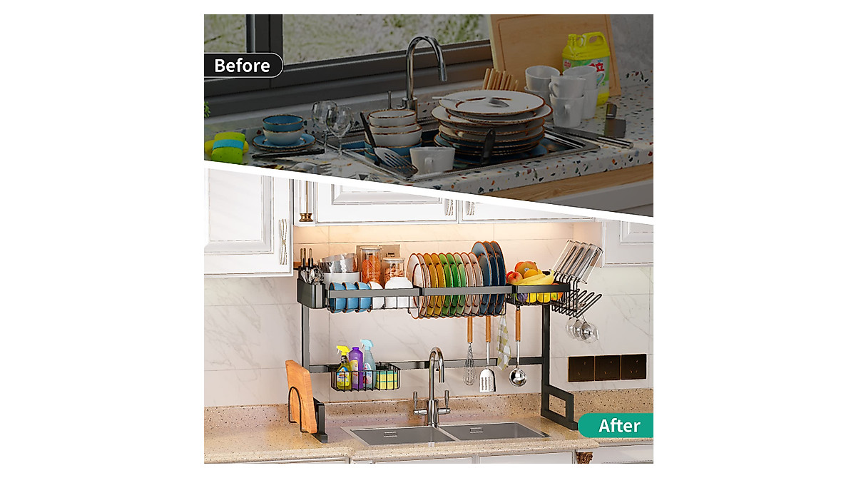 ADBIU Over The Sink Dish Drying Rack - Expandable 2-Tier Space Saver