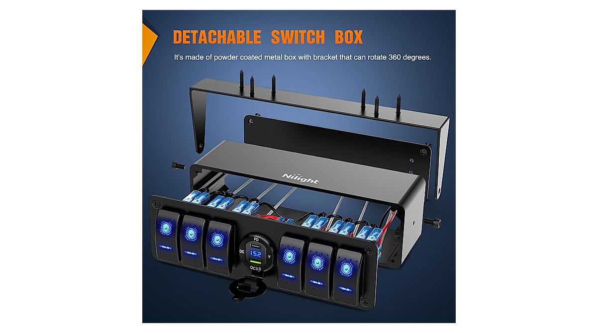 Nilight 6-Gang Rocker Switch Box with USB & Voltmeter | Waterproof 12V