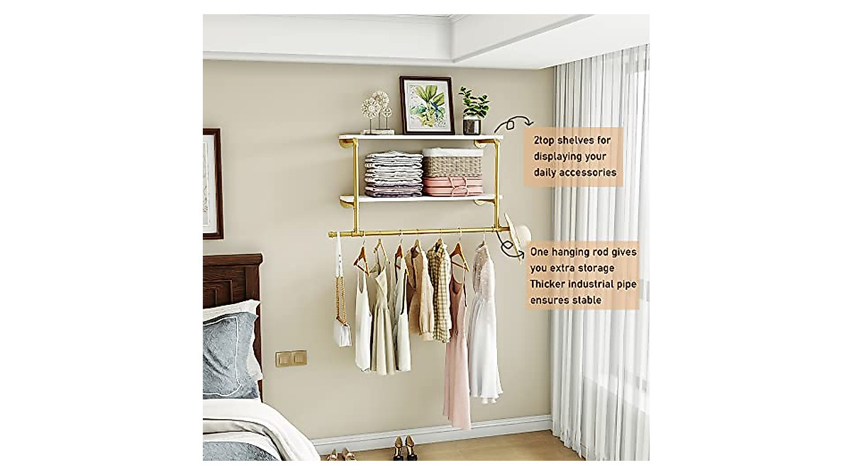 MAIKAILUN Gold Wall Mounted Clothes Rack with Shelves