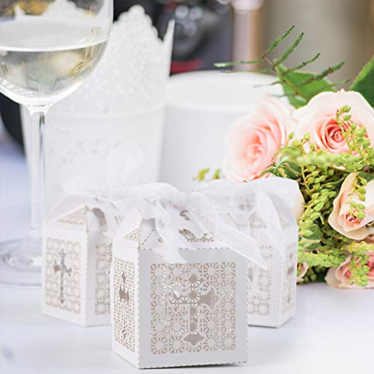 LEMESO 50 Elegant Baptism Favor Boxes with Ribbons & Cross Tags