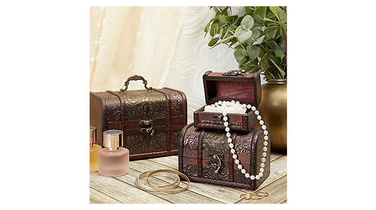 Decorative Wooden Treasure Chest Set with Flower Motif - 3 Sizes