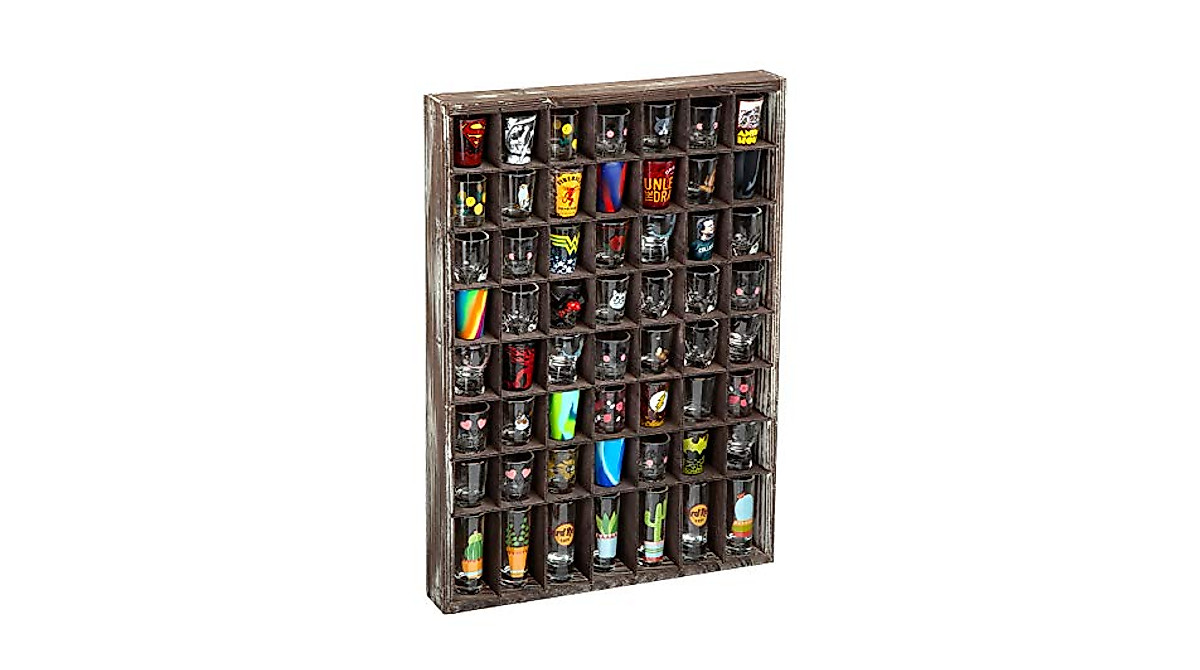 Rustic Wood Shot Glasses Display Case - Holds 56 Collections