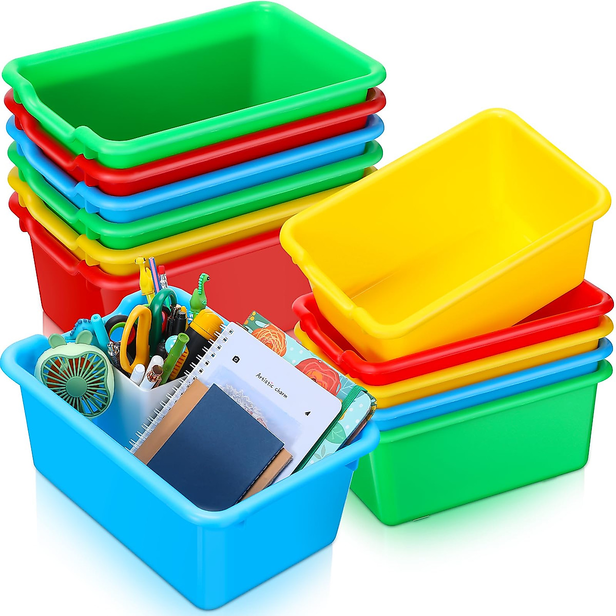 12 Colorful Plastic Bins for Classroom Storage