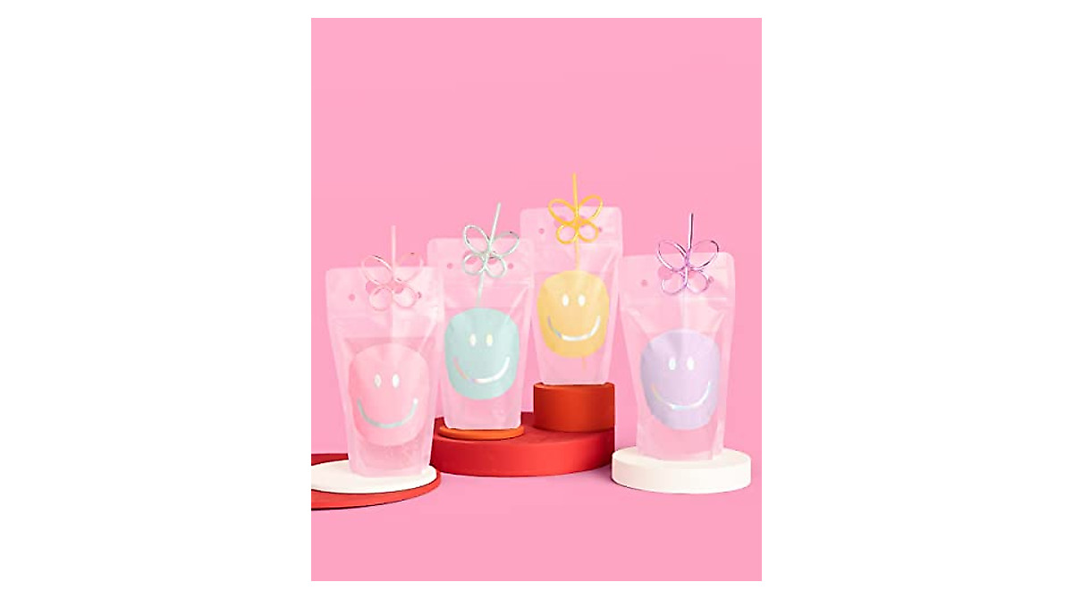 Smiley Drink Pouches + Butterfly Straws - 16 Pack Party Fun