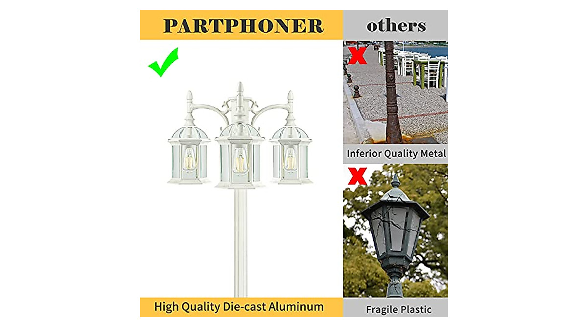 PARTPHONER 3-Head Outdoor Lamp Post Light for Your Yard