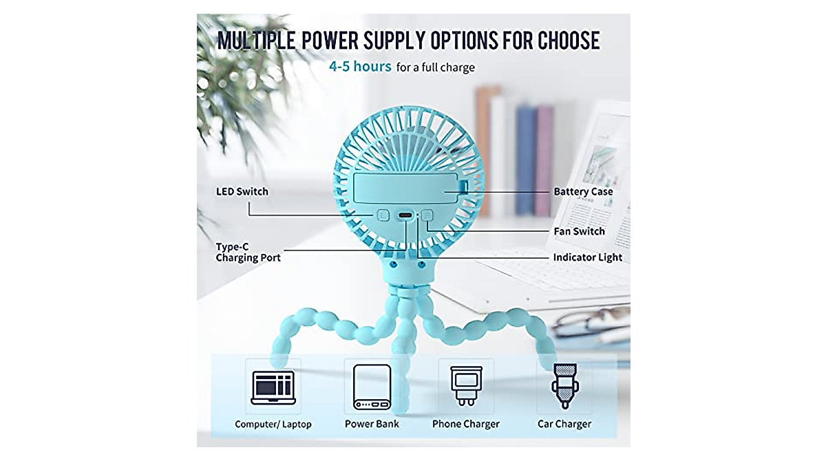 Portable Stroller Fan with LED Light & Aromatherapy | Upgraded 3-Speed Fan