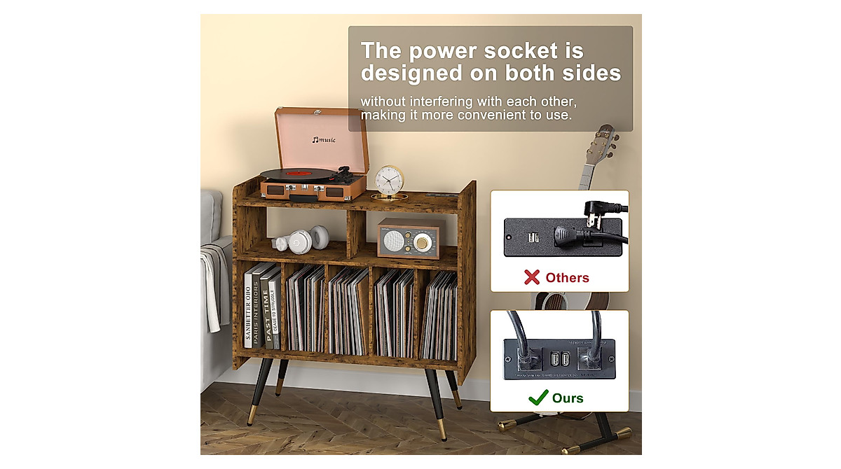 Stylish Large Record Player Stand with Storage & Power Outlets