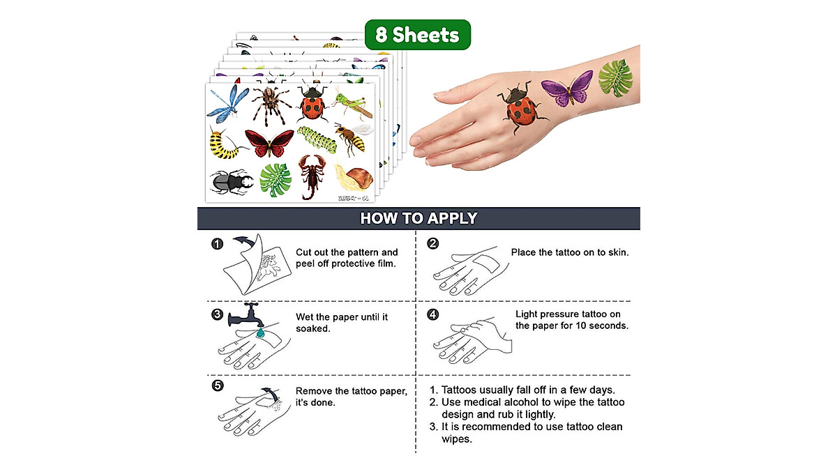 Bug Temporary Tattoos Set - 96 Insect Themed Stickers for Kids Party