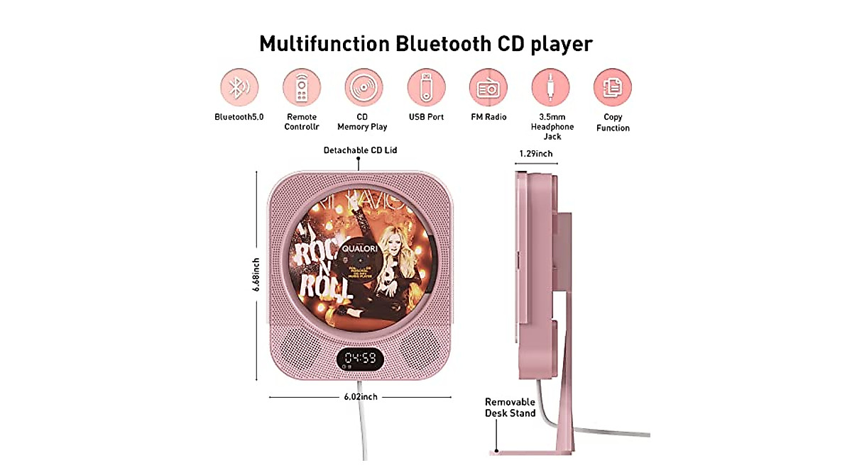 Pink Vertical Desktop & Wall CD Player w/ Bluetooth