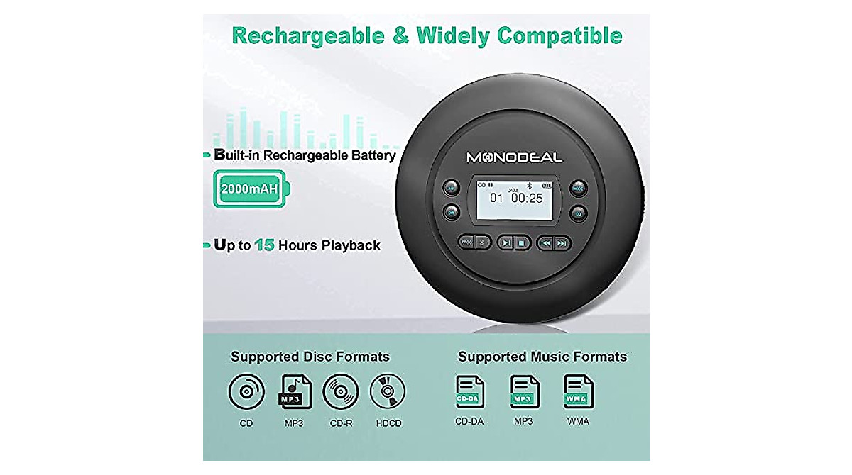 Portable Bluetooth CD Player - MONODEAL Rechargeable Walkman