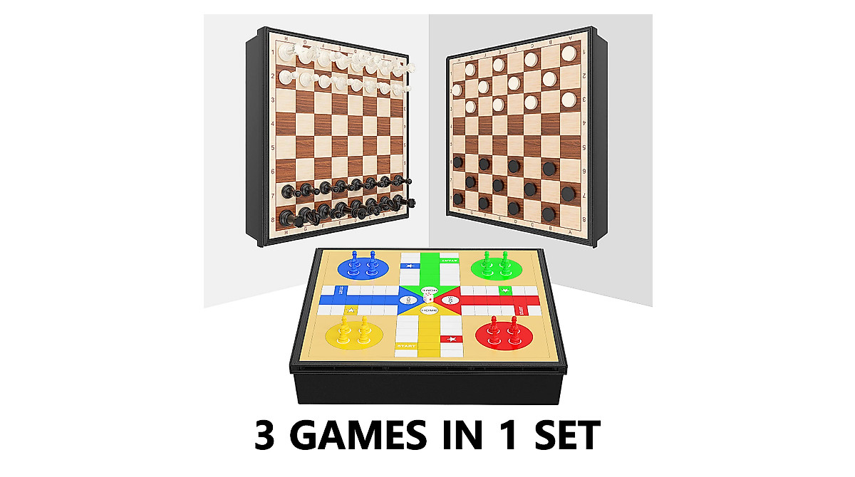Funllection 3-in-1 Magnetic Chess Checkers Ludo Set