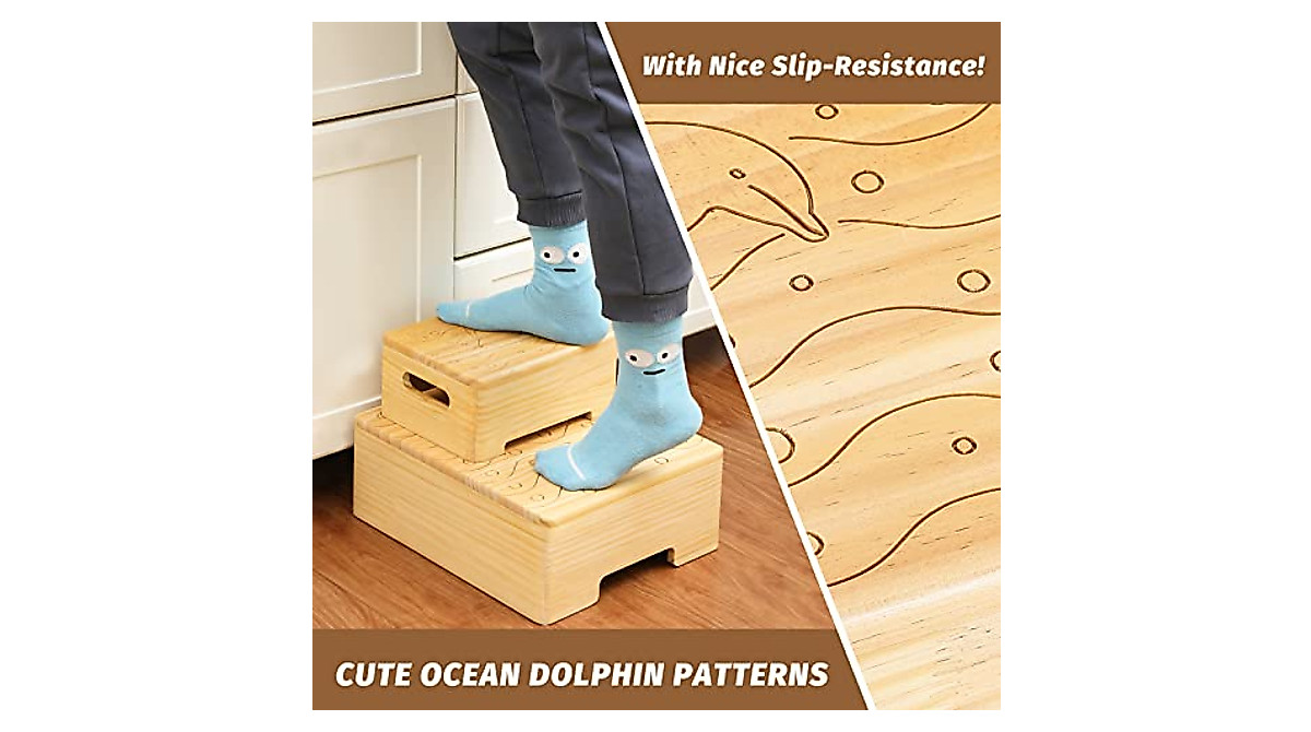 VITEVER Toddler Step Stool - Durable Wooden Two-Step for Kids and Adults