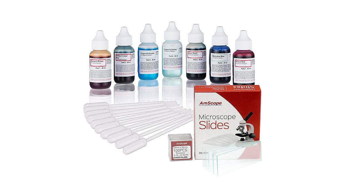AmScope Vital Stain Kit for Living Cells - 6 Microscope Stains & Slides