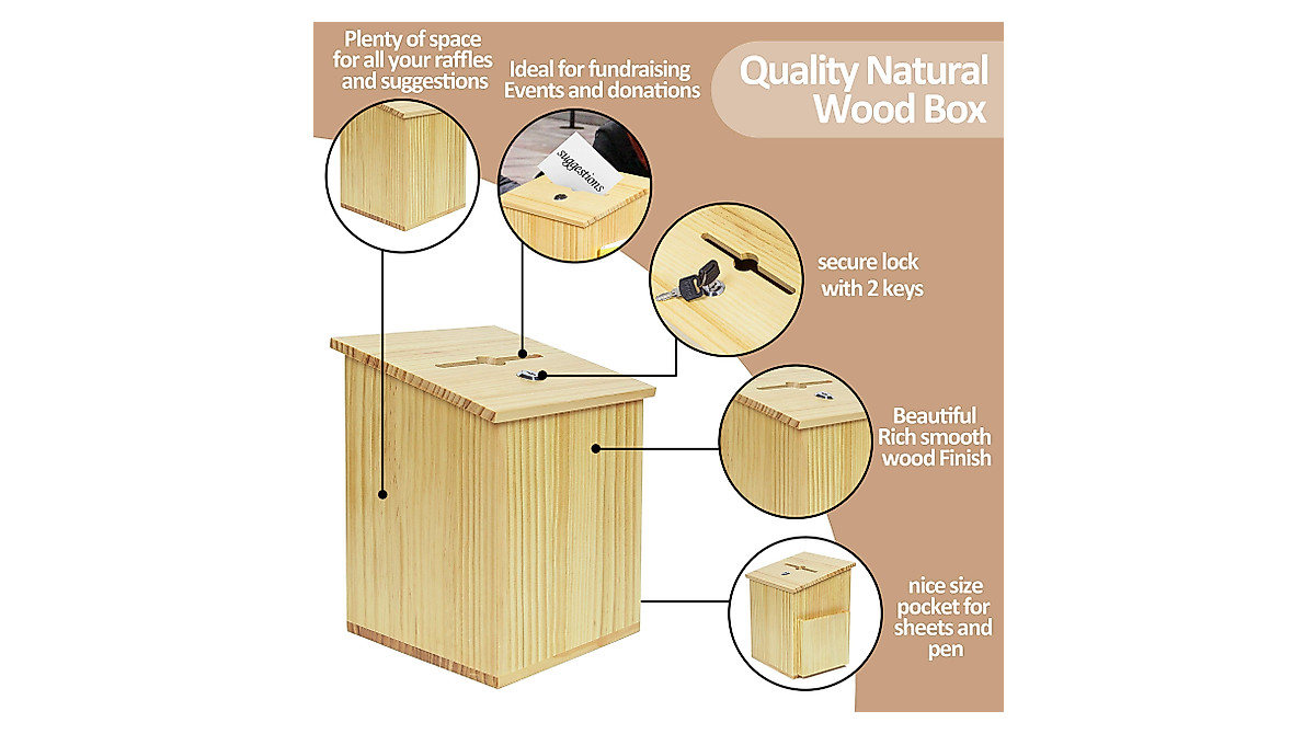 Natural Wood Charity Donation Box with Locking Lid