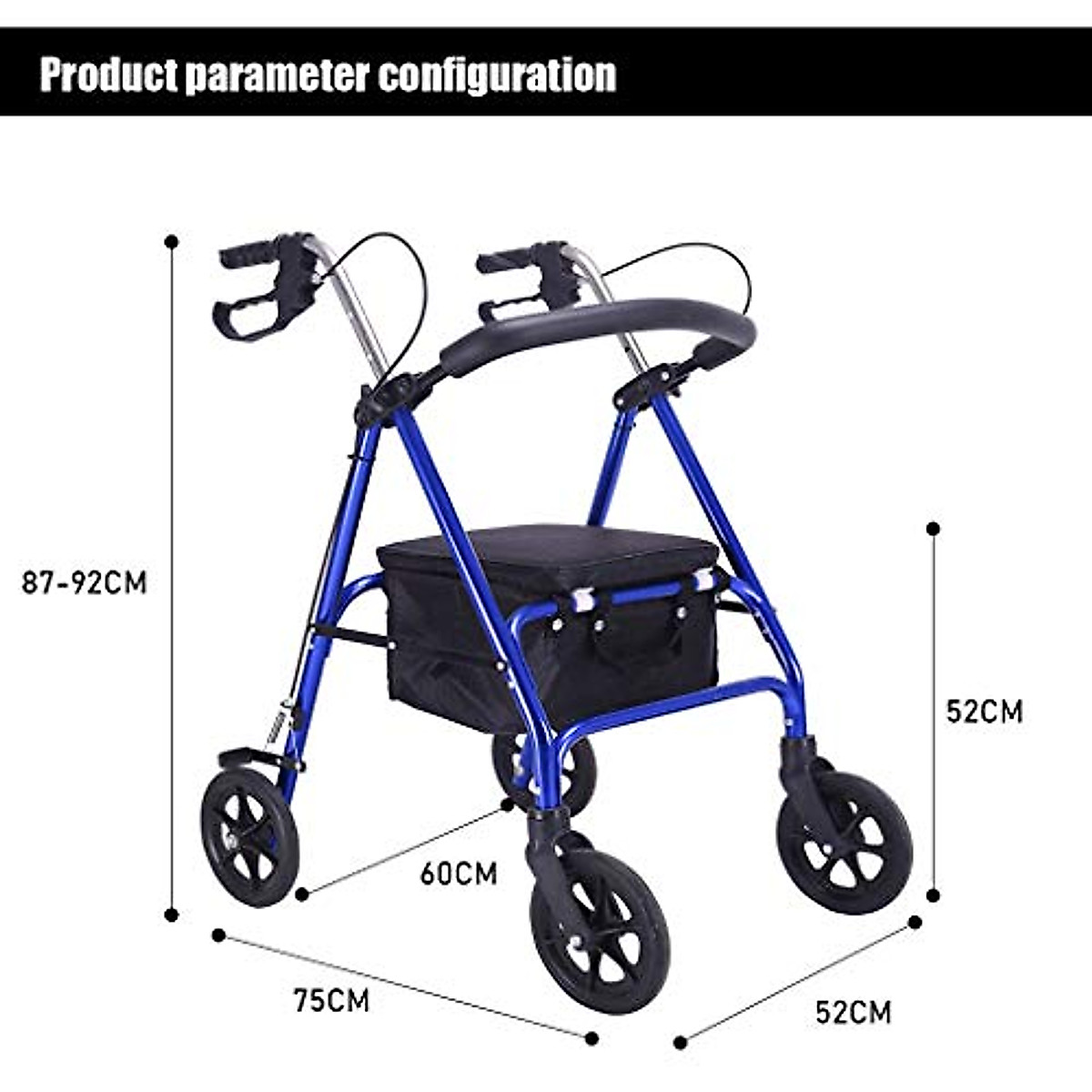 Foldable Aluminum Rollator Walker with Seat & Handbrake for Elderly
