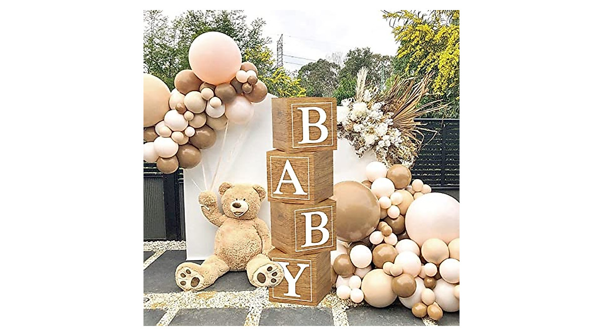 Baby Shower & Birthday Party Decor - 4 Wood Grain BABY Blocks
