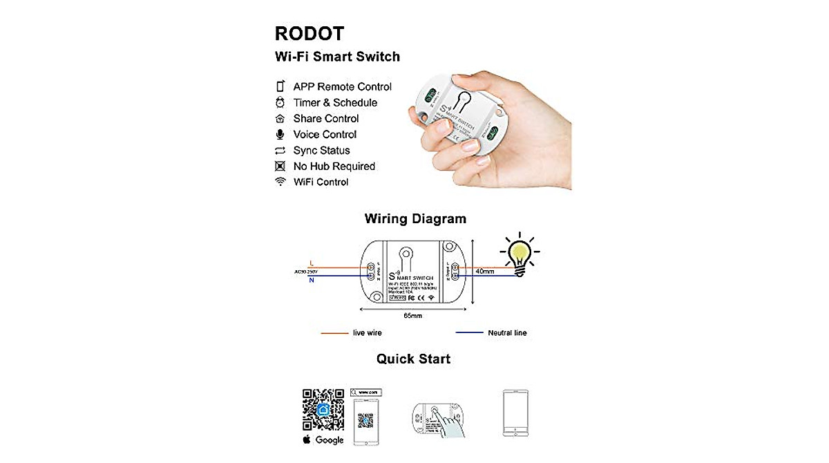 RODOT 10A Wi-Fi Smart Switch - Voice & App Control, No Hub