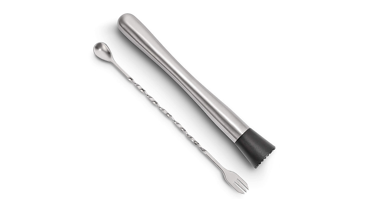 HIWARE 10 Inch Stainless Steel Cocktail Muddler & Mixing Spoon Set