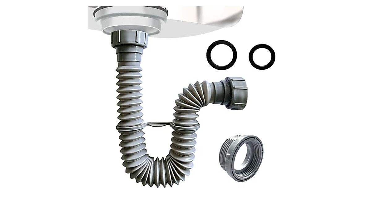 Flexible Adjustable P-Trap Drain Pipe Kit – 1-1/2" & 1-1/4" Adapters, Stretch Hose 20–80 Cm, S-Type Snap Seal For Sinks, RVs, Salons