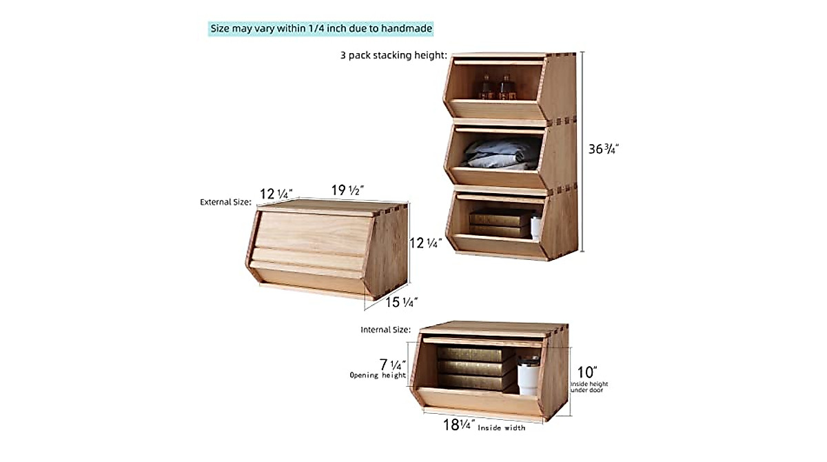 unununu Solid Wood Stackable Storage Bins - Accessible 3-Pack