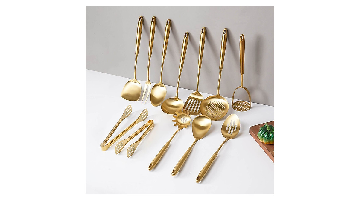 Gold Kitchen Utensils Set - 12-Piece Brass Stainless Steel Cookware