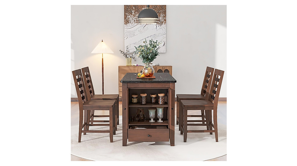 KLMM Retro Solid Wood 5-Piece Counter Height Dining Table Set with Faux ...