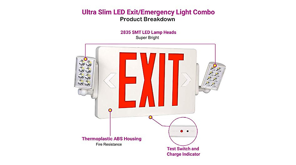 Ultra Slim Red Exit Sign with Emergency Lights - 2 Pack