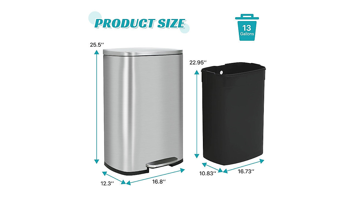 13 Gallon Kitchen Trash Can with Lid - Stainless Steel, Foot Pedal