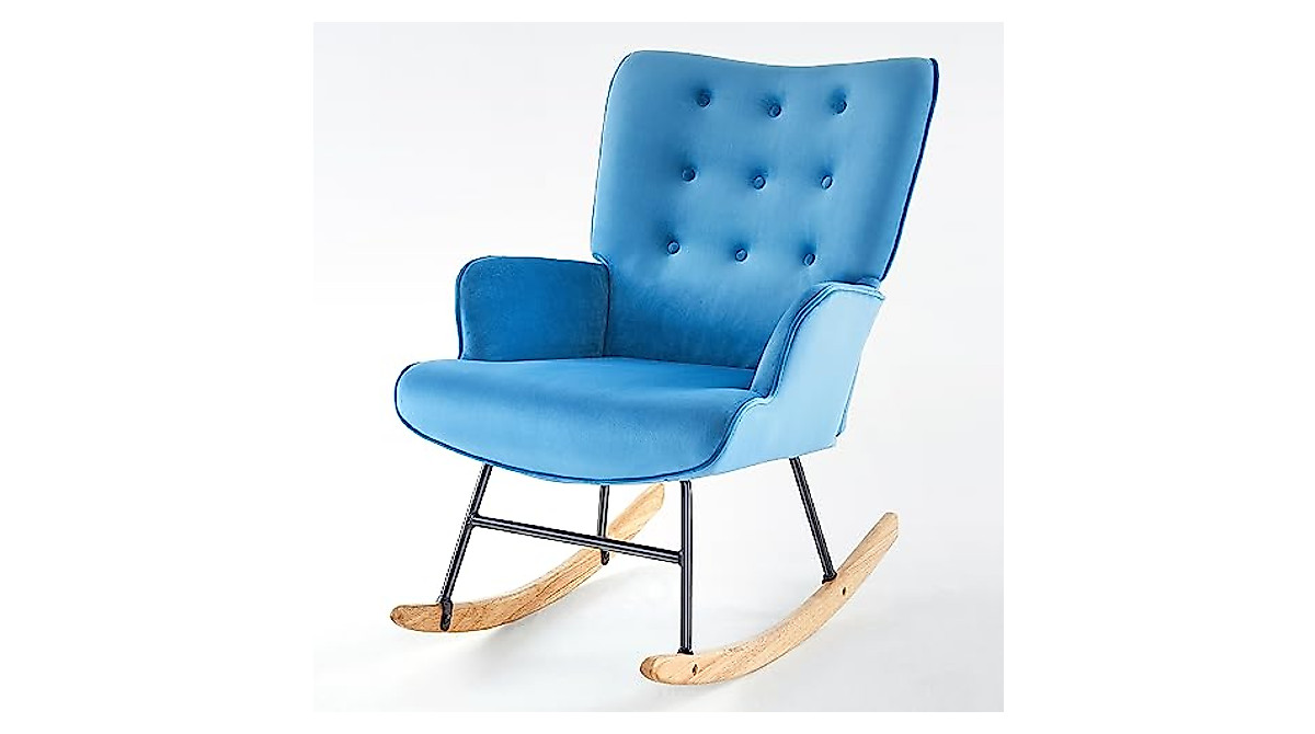 Kosydown Blue Velvet Rocking Chair - Comfortable Nursery & Living Room Seat