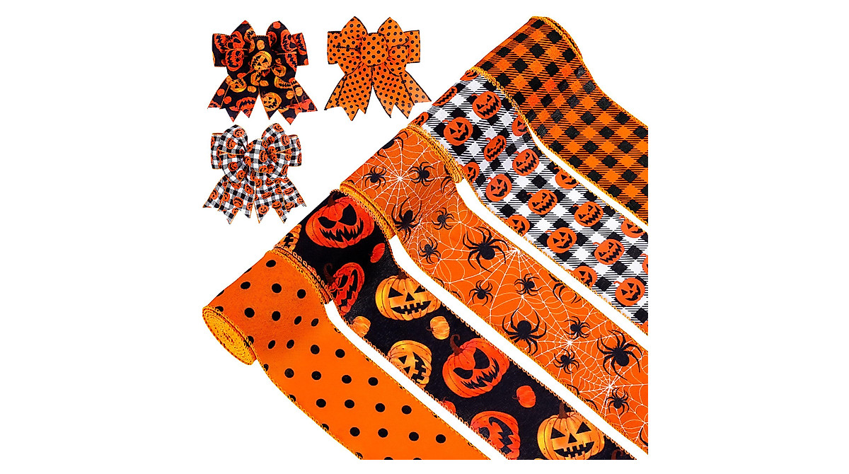Halloween Wired Ribbons 5 Rolls Orange Black Decorative Gift Wrap