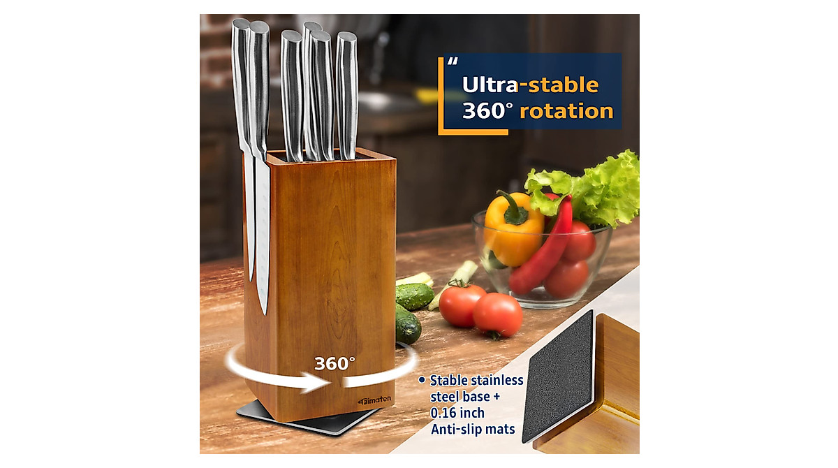 Fimaten Magnetic Knife Block: 360° Rotatable Acacia Wood Holder