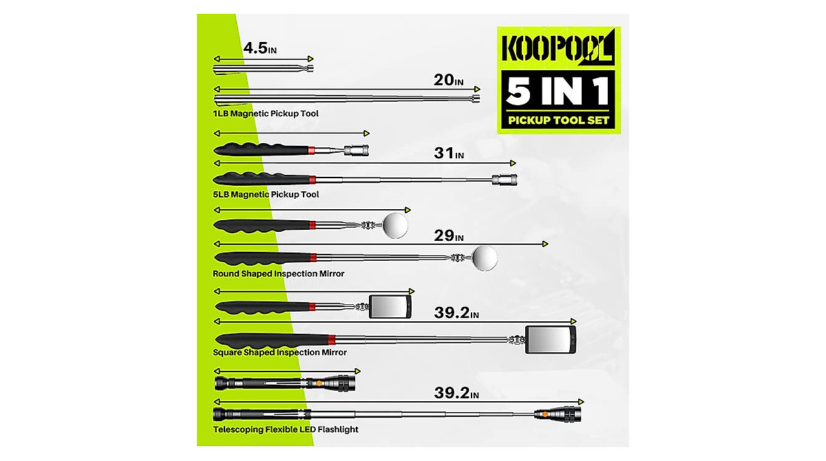 KOOPOOL Magnetic Pickup Tool Set | Extendable LED Light & Inspection ...
