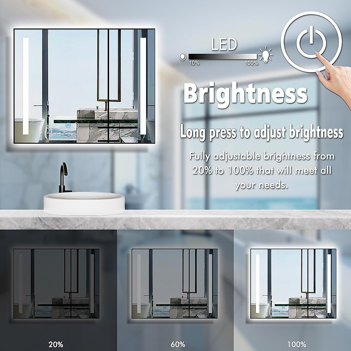 MEIOUKA 24 x 32 Inch LED Bathroom Mirror with Lights & Storage