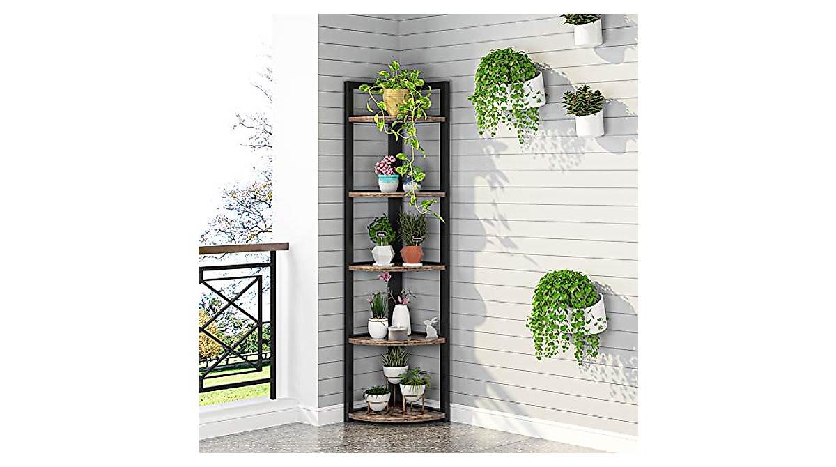 Tribesigns Corner Plant Stand Indoor | Rustic 5-Tier Corner Shelf