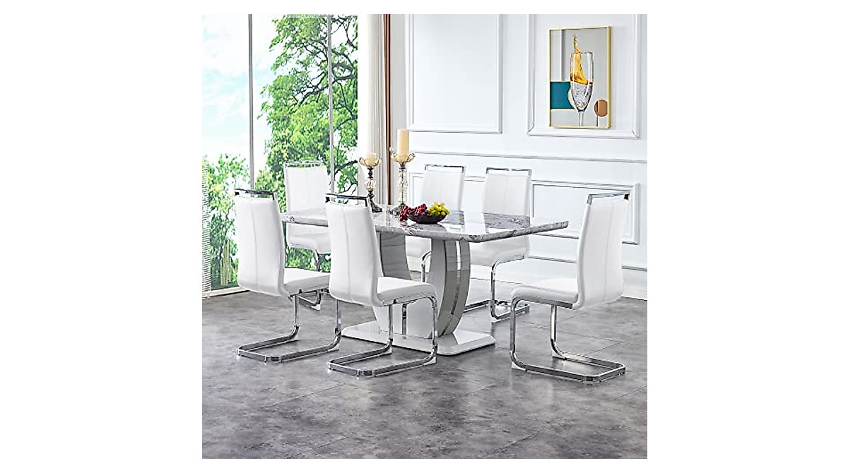 Hohoedc 63" Modern Marble Dining Table Set for 6-8
