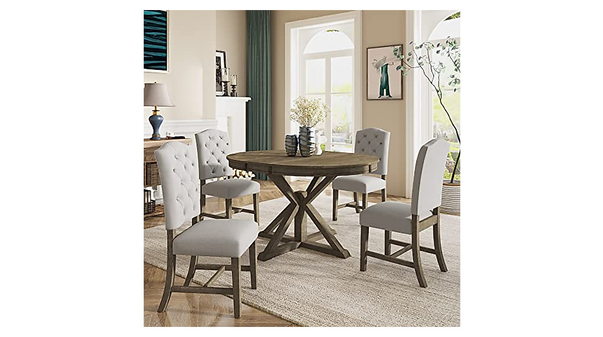P PURLOVE Retro 5-Piece Round Dining Table Set for 4 | Extendable & Modern