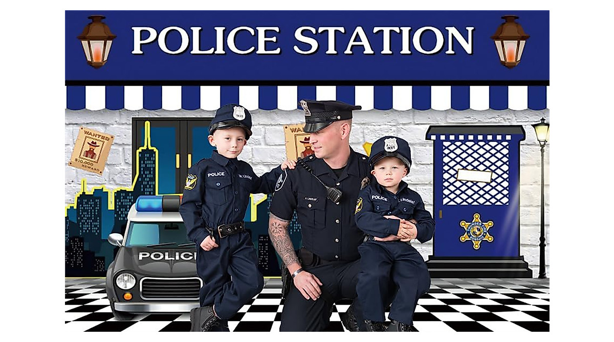 Police Backdrop Police Theme Happy Birthday Party Decorations Police Department Badge Blue Brick Wall Photography Background For Police Party Supplies