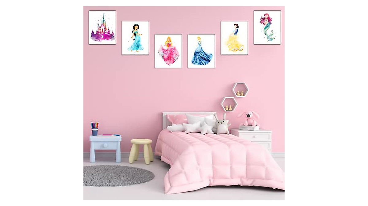 Princess Wall Decor Set of 6 Watercolor Prints for Girls Bedroom