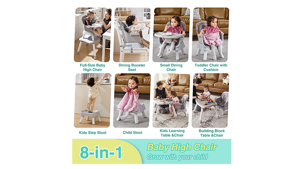 8-in-1 Baby High Chair with Removable Tray | Multifunctional Toddler Chair