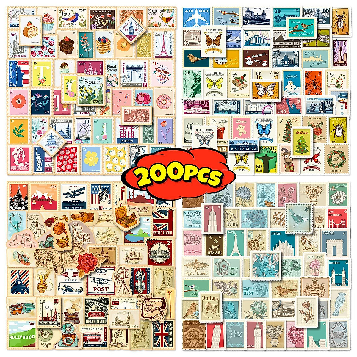Vintage Postage Stamp Stickers - 200 Waterproof Aesthetic Stickers