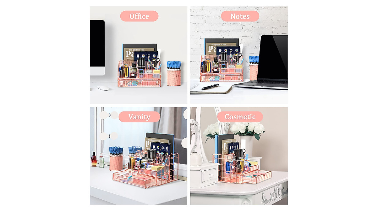 Rose Gold Desk Organizer with 7 Compartments & Accessories