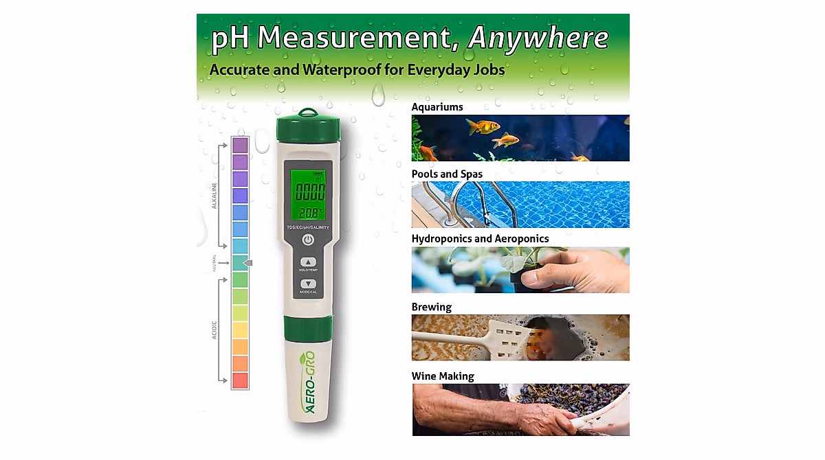 AERO-GRO 5-in-1 Digital Water Test Meter for Hydroponics & More