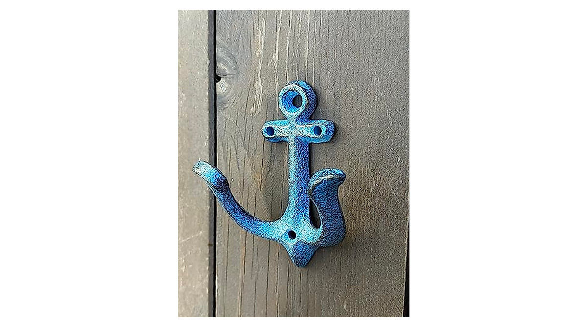 Nautical Anchor Cast Iron Wall Hooks - Blue Rustic Decor