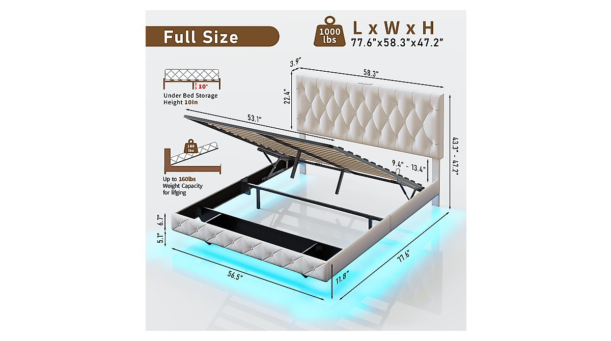 Full Size Lift Up Storage Bed Frame with LED Lights & Charging Station