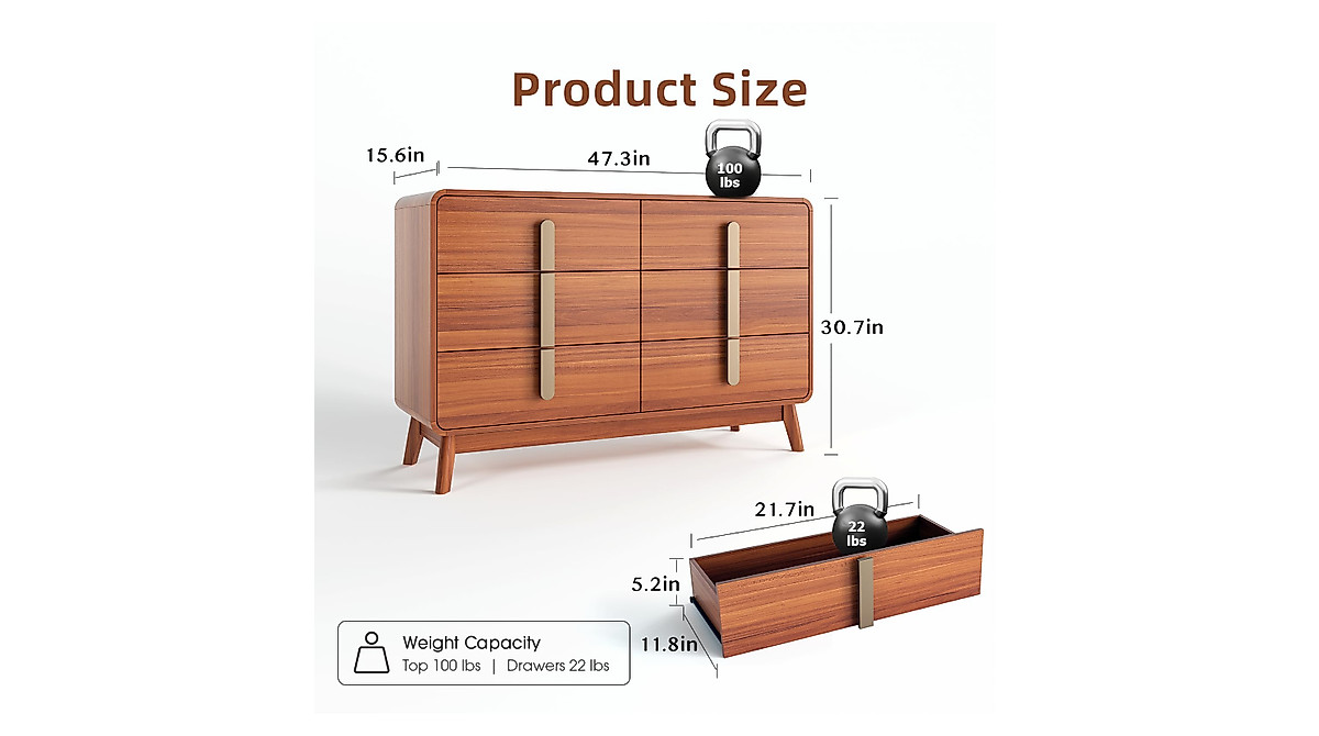 JOINICE Mid Century Modern 6 Drawer Dresser with Storage