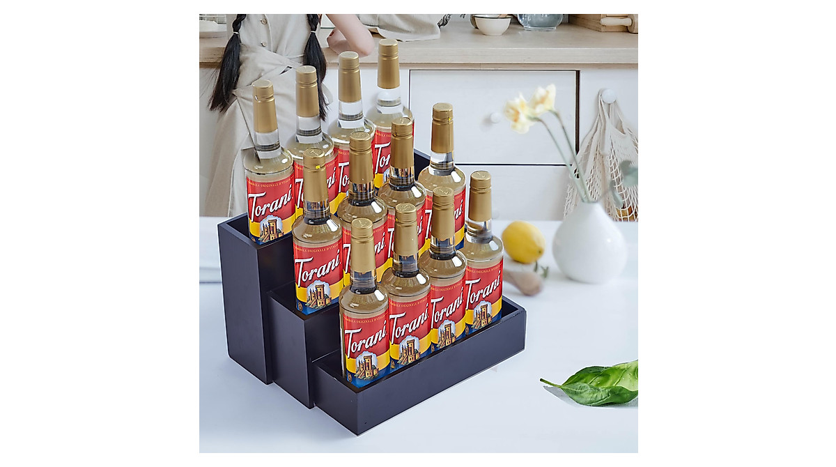 GOVOKOI Black Wood Coffee Syrup Rack Organizer - 3 Tier Storage Stand