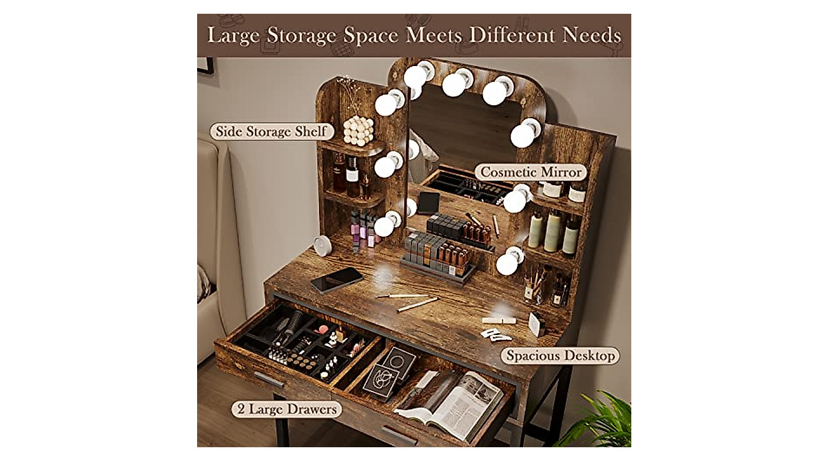 Mu Vanity Desk with Lights & Storage - Rustic Beauty Table for Bedroom